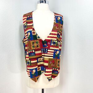 Vintage 111 Main Cotton Country Patchwork Print Vest L/XL Button Front Patriotic